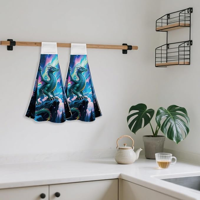 CUTHOLLOW Aurora Dragons Hanging Kitchen Towels with Loop, Set of 2 - Soft & Super Absorbent Microfiber Decorative Hanging Dish & Hand Towel, Tea, Coffee Towel for Kitchen Bathroom Oven Handle