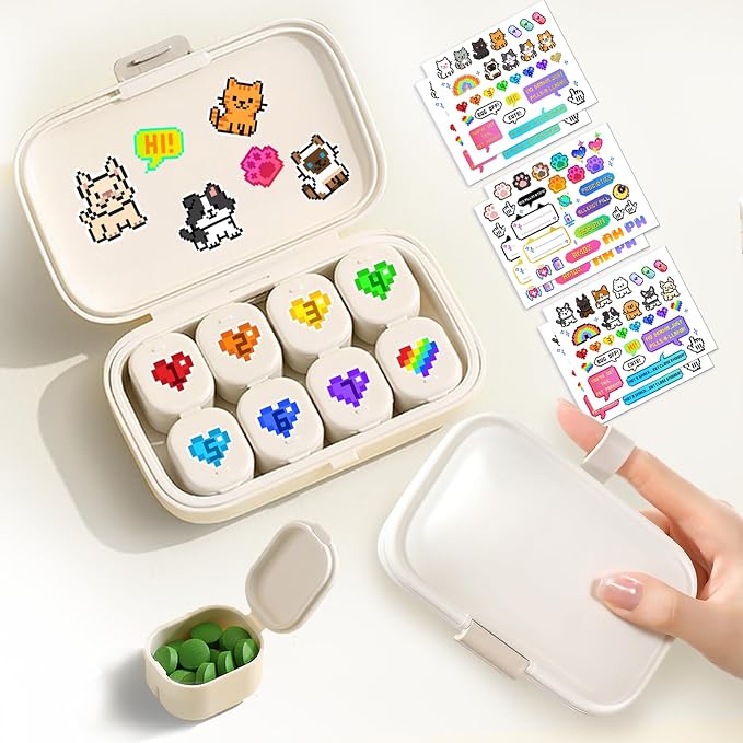 Cute 7 Day Pill Organizer Box with Medicine Labels, 8 Compartments Travel Pill Case Airtight Moistureproof, for Vitamins, Fish Oil, Supplements