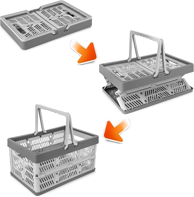 2-Pack Foldable Storage Baskets, 20L Collapsible Crates PP Grey+Blue | Comfortable carry handles, space-saving design, sturdy PP construction for home storage shopping camping and picnics