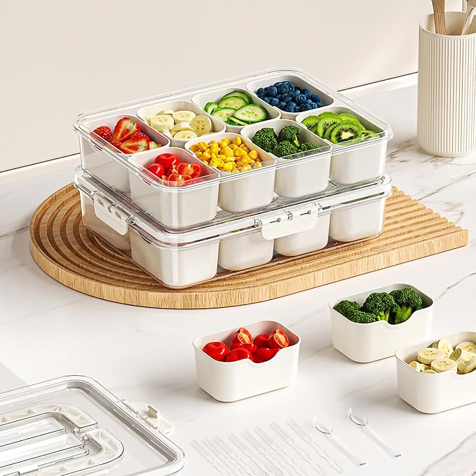 Divided Serving Tray with Lid and Handle Charcuterie Container Snackle Box Portable Storage Organizer Platter with Forks and Spoons for Fruit, Snacks, Veggie, Nuts, Perfect for Party, Picnic(2 Pack)