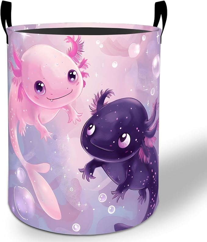 Axolotl Laundry Basket Hamper 19.7"x15.8", Axolotl Cartoon Foldable Waterproof Oxford Clothes Storage Bucket for Room Bathroom Bedroom Nursery Decor, Toy Organizer Bins Gifts for Kids Boys Girls