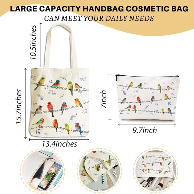 Aesthetic Cute Bird Gifts for Women Bird Lovers Girls Sister Mom Makeup Bag Canvas Tote Bag, Reusable Grocery Bags with Inner Pocket for Beach Gym Work Office Shopping Birthday Christmas Vacation