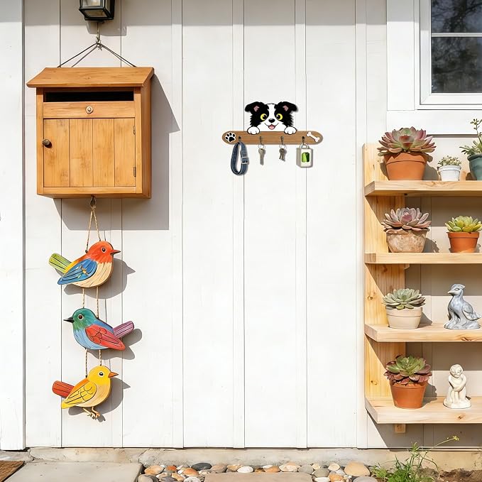3D DIY Wooden Dog Leash Holder Wall Decoration, Cute Puppy Design Harness Wall Mount Hanger Organizer with 4 Hooks for Entryway Door Bathroom Kitchen Home Decor, Keys, Collars, Pet Lover Gift