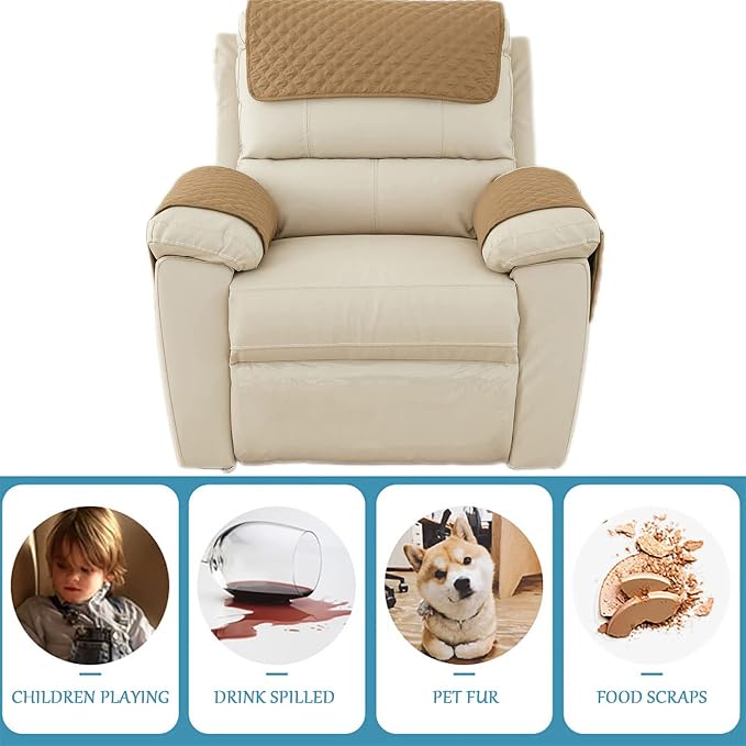 Water-Resistant Sofa Armrest and Headrest Covers, 2 Pockets | Quilted polyester helps shield recliners, loveseats and sofas from daily wear; silicone backing and fasteners improve grip