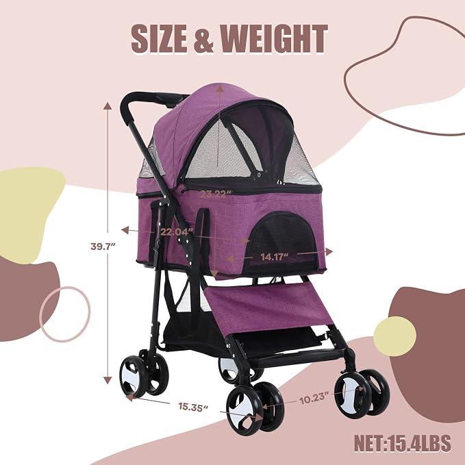 Dog Stroller 3-in-1 Folding Dog Stroller for Medium Small Dogs Purple | Pet Stroller 4 Wheels Cat Stroller with Detachable Carrier Storage Basket Waterproof Lightweight for Travel,
