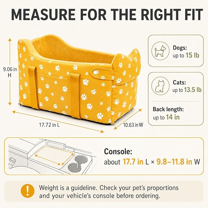 Small Dog Car Seat for Center Console, Yellow | Portable Puppy Armrest Booster for Dogs 5-15 lbs, Anti-Collapse Support with Washable Fluffy Cushion