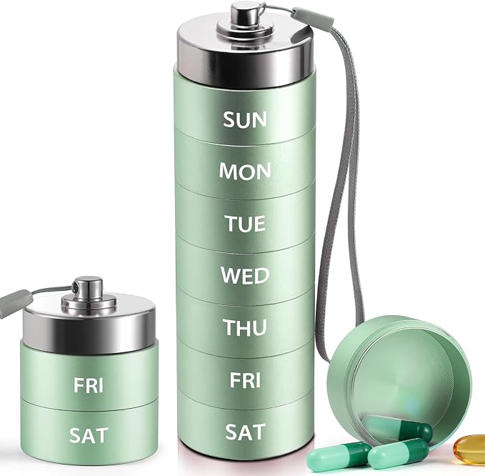 Metal Travel Pill Organizer, Portable Weekly Pill Box, 7 Day Pill Container | OUVBTX Aluminum Alloy Pill Case, Large, Waterproof, Stackable, Medicine Holder for Vitamin, Fish Oil, Supplement, Green