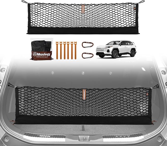 Muslogy Cargo Net for 2026 Toyota RAV4 Accessories | Custom Fit, Trunk Storage Organizer Net for SUV Sedan Van Divider, with Heavy Duty Carabiners, Night Visible Grab Handle