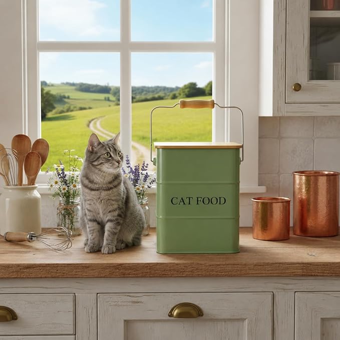 Morezi Cat food storage container storage bin with wooden lid scoop included green metal cat food container in kitchen countertop