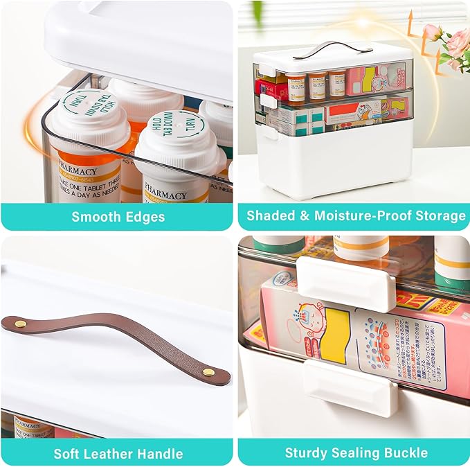 Homaigie Extra Tall 3-Tier Medicine Cabinet Organizer for Medicine Bottles Organizer, Portable Medicine Storage Box with Leather Handle, Empty First Aid Kit Container for Home, Classroom