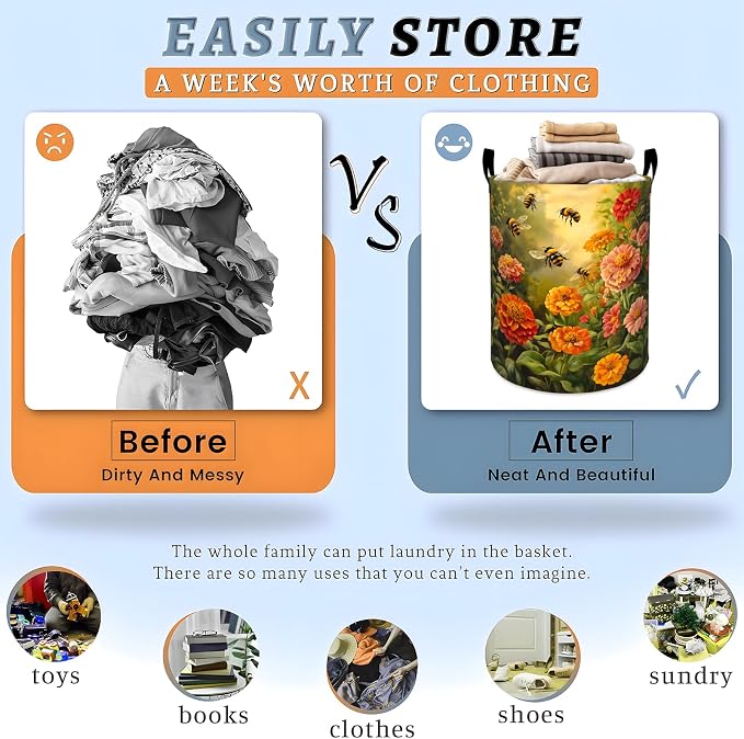 Bee Flower Laundry Basket, Garden Floral Insect Daisy Storage Hamper, Round Collapsible Waterproof Cloth Bin, 19.7x15.7 Inch Spring Clothes Organizer Gifts for Bathroom Decor