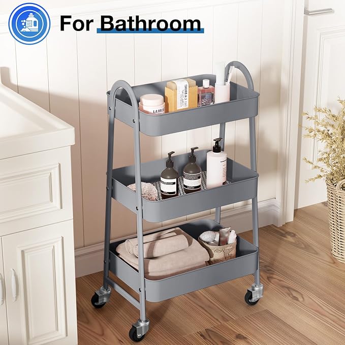 OLIXIS Metal Rolling Storage Utility Cart with Lockable Wheels 3 Tiers | Mobile Organizer Shelf, Space-Saving, Freestanding, Bathroom, Living Room, Slim, Narrow Corner Spaces, Gray