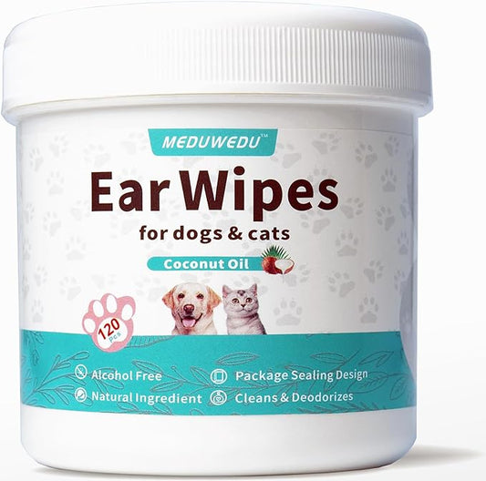 MEDUWEDU Ear Cleaner Wipes 120 Counts, Dog Ear Cleaner, Grooming Kit Care for Dogs and Cats, Soft & Easy Otic Cleaning Pads, Remove Wax, Dirt & Stop Smelly, Itchy, Non-Irritating, Coconut Scent