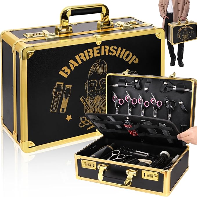Goaste Professional Barber Supplies Case, 15.7" Barber Carrying Case with Code Lock, Double Layer Hairdresser Tool Box Organizer, Portable Travel Carrying Cases for Hair Stylist & Pet Groomer (Gold)