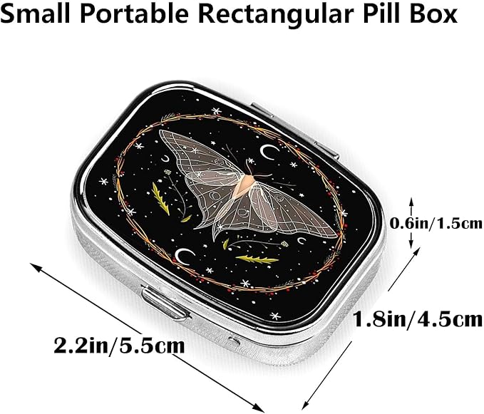 ABLESKY Pill Box, 2 Compartment Pill Organizer Case for Pocket or Purse, Small Portable Metal Travel Medicine Box with Mirror, Daily Vitamins Fish Oil Container-Blackmothl