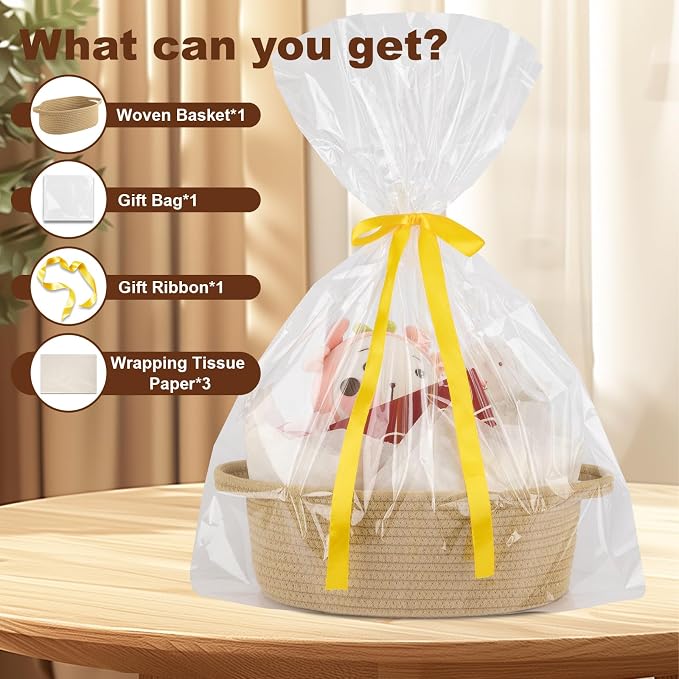OIAHOMY Gift Basket with Handle, Small Woven Basket with Gift Bag, Ribbon and Wrap Tissue Paper, Nursery Bins Empty to Fill with Small Items, Baby, Pet Toy Organizer - Yellow