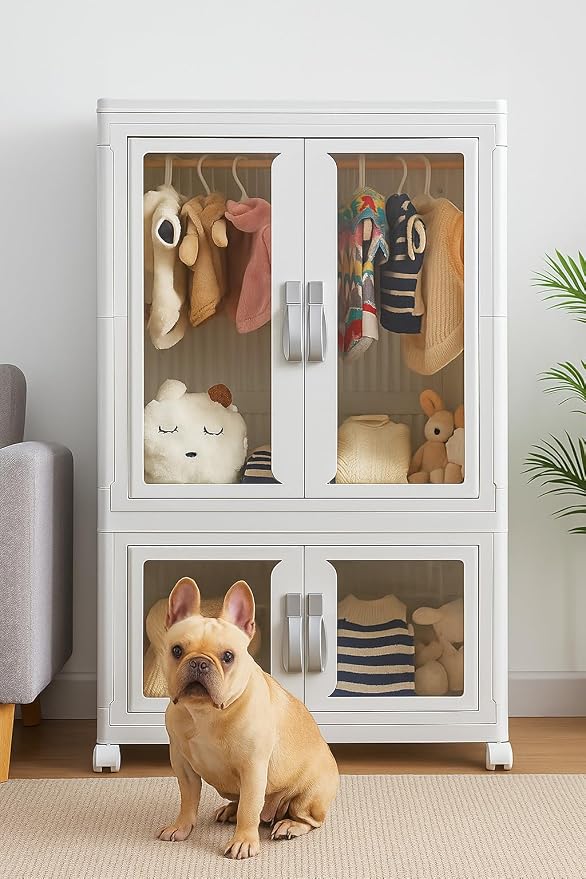 CXCJAI Pet Clothing Storage Cabinet with Hanging Rod Foldable Plastic Storage Bin 2-Tier Dog Clothes Organizer for Small Pets Lightweight, Waterproof– Portable Cat Wardrobe Closet