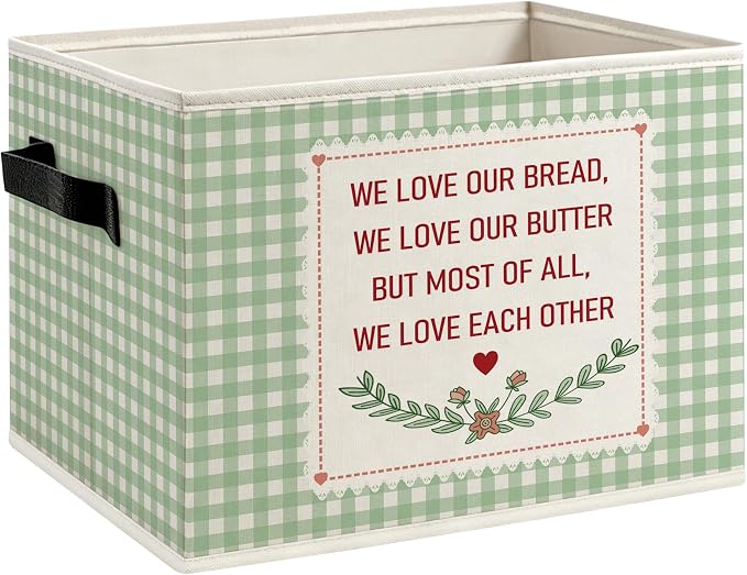 Butter Lover Gifts Foldable Storage Bins Box with Handles, Bread Gifts for Bakers, Cottagecore Sage Green Gingham Plaid Decorative Storage Boxes Baskets Organizer for Kitchen Bakery