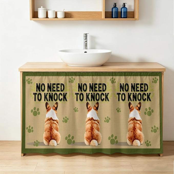 NO Need to Knock Cabinet Curtains 28"x51" Sink Skirt for Bathroom Kitchen, Corgi Dog Paw Prints Pet Lover Farmhouse Self Stick Adhesive Under Desk Covers Tall Laundry Cabinet Storage Organizer