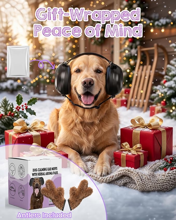 Dog Ear Muffs Noise Protection,Noise Cancelling Dog Ear Muffs for Fireworks, Thunder & Anxiety – Adjustable for Medium to Large Dogs,Calming Lavender Aromatherapy Pads & Detachable Antlers Included