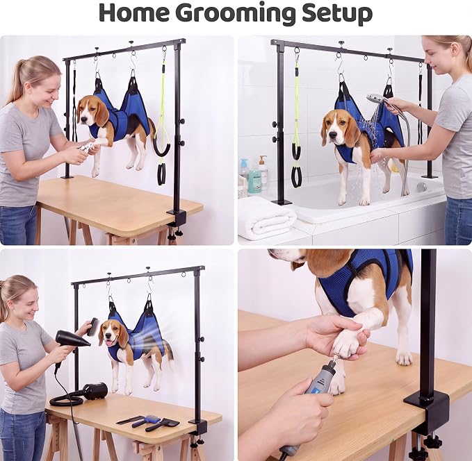 Dog Grooming Arm Double Rod with Hammock, Sturdy Metal Pillar Not Wobble | with Adjustable Metal Clamp Holder Fits Tables Up to 1.65" for Small Medium Dogs Cats Nail Trimming Bathing Drying