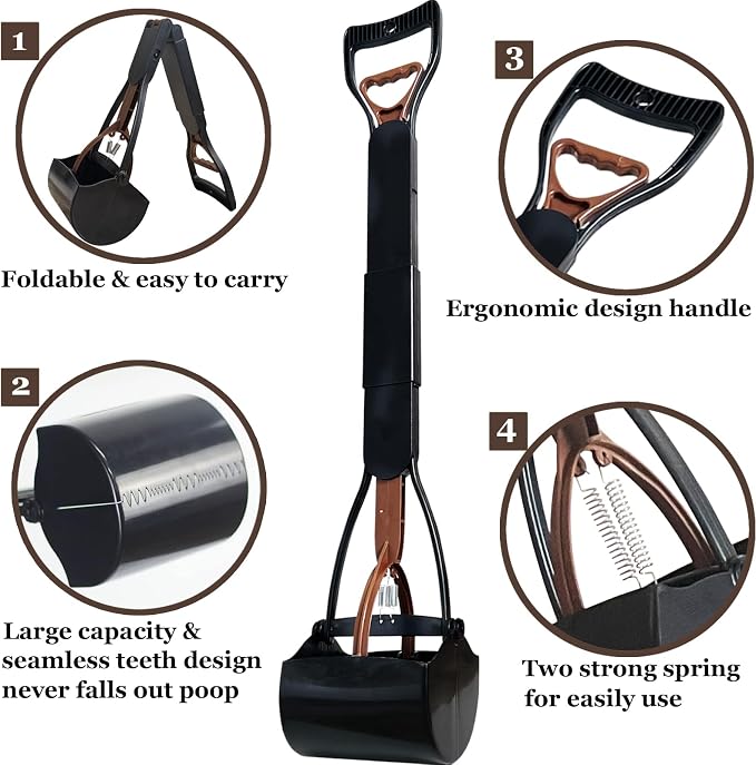 ienjoyed Pooper Scooper, Large Pooper Scooper for Dogs Heavy Duty, Dog Pooper Scooper with Long Handle & High Strength Durable Spring, Foldable Dog Poop Pick Up (32-inch) (Brown(Bottom Seamless))