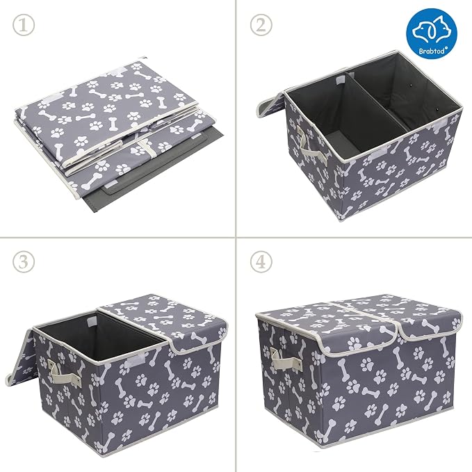 Large Dog Toys Storage Box Canvas Storage Basket Bin Organizer with Lid - Collapsible Linen Bin Ideal for Organizing Dog Cat Toys and pet Stuff-PP Boad-17" x 12" x 10" - Bone Claw