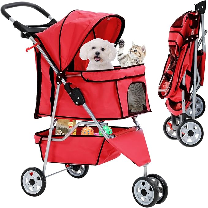 Best 3 Wheels Pet Stroller for Dog Stroller Cat Stroller, Lightweight and Foldable Pet Jogger Stroller, Carrier Strolling Cart W/Cup Holders Removable Liner for Small and Medium Dog Cat or Pet - Red