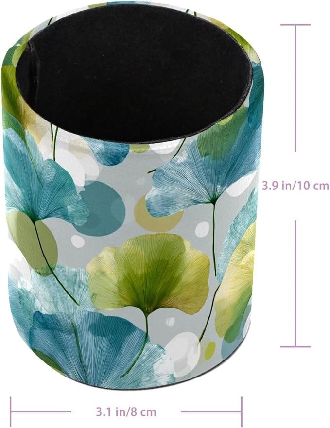 Faux Leather Pen Holder for Desk, Pencil Organizer Artistic Leaves Pen Cup Desk Decor Makeup Brush Holder Storage for Office Home