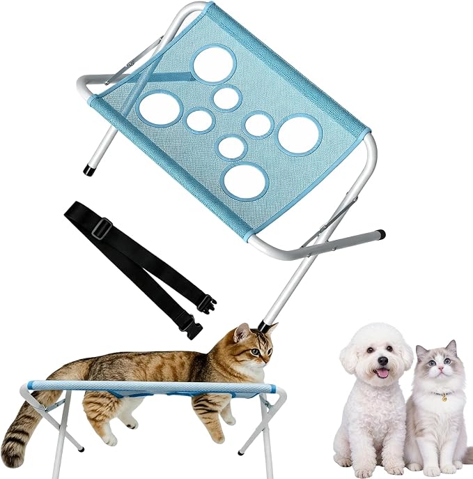 Pet Bath Sling, Pet Bathing Hammock with Strap, Dog Grooming Hammock for Bathing Nail Trimming Brushing, Multifunctional Breathable Cat Grooming Sling, Eight Hole Design,Quick Surface (Blue)