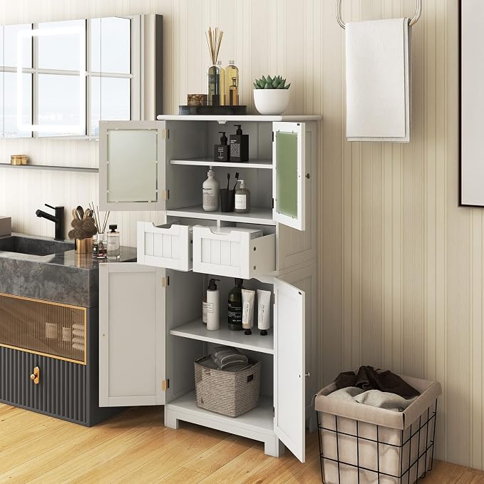 LOKO Bathroom Cabinet, Linen Storage Organizer with Doors & Drawers, Wooden Floor Cabinet with Adjustable Shelves for Bathroom, Living Room or Kitchen (White)