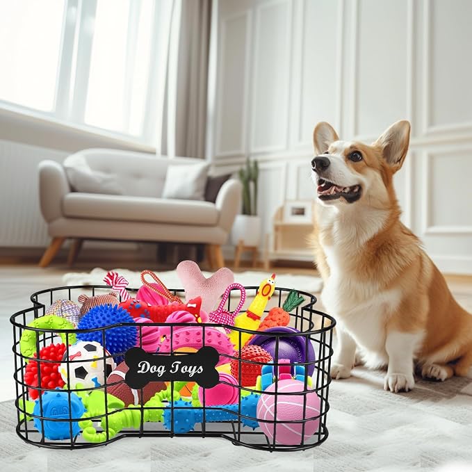 Metal Dog Toy Basket,Iron Wire Dog Toy Bin,Dog Bone Shaped Basket,Puppy Toy Stuff Organizer,Sturdy Dog Storage for Dog Toys,Harness,Leash,Blanket,Snacks,Accessories-Black