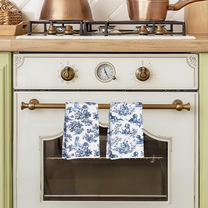 2Pcs Chinoiserie Golden Retriever Kitchen Towels 14x24 Inch, Blue and White Floral Golden Retriever Dachshund Decorative Dish Tea Towels, Grand Millenial Botanical Dog Hand Towels for Kitchen Bathroom