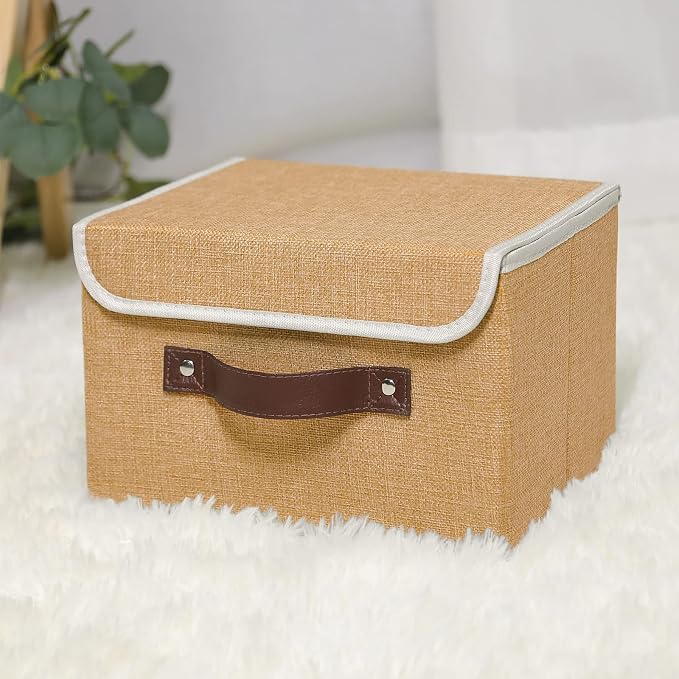 ANMINY Fabric Storage Box Bins with Lids, Khaki, 10"x8"x7" | Keepsake Memory Storage, Cotton Linen, PP Board Reinforced, Washable, PU Handles, Foldable & Stackable, Decorative, Small