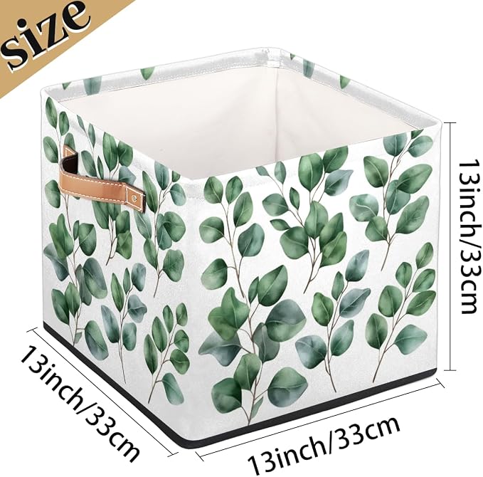 Eucalyptus Cube Storage Bin, 13 Inch Collapsible Fabric Storage Cubes Bin, Eucalyptus Leaves Foldable Cube Baskets for Shelf, Closet, Organizer