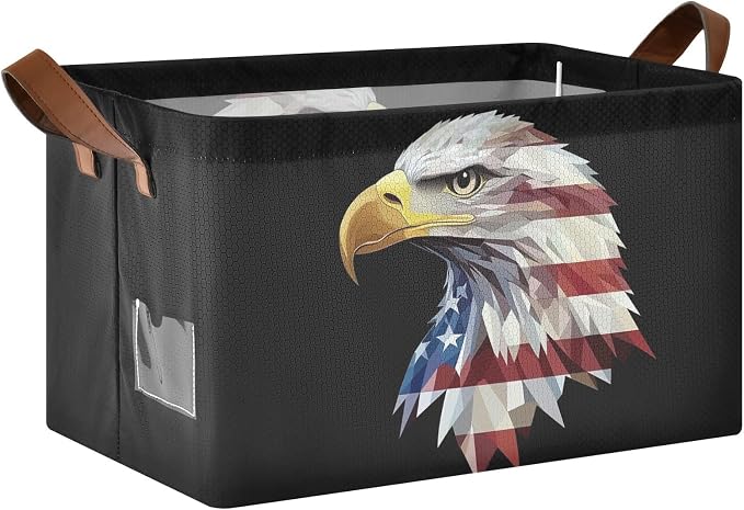 Eagle American Flag Patriotic Black Storage Basket Foldable Cube Storage Bins with Handles&Label Collapsible Organizer Box Bin Large Rectangle Decorative Baskets for Shelves Home Living Room Closet