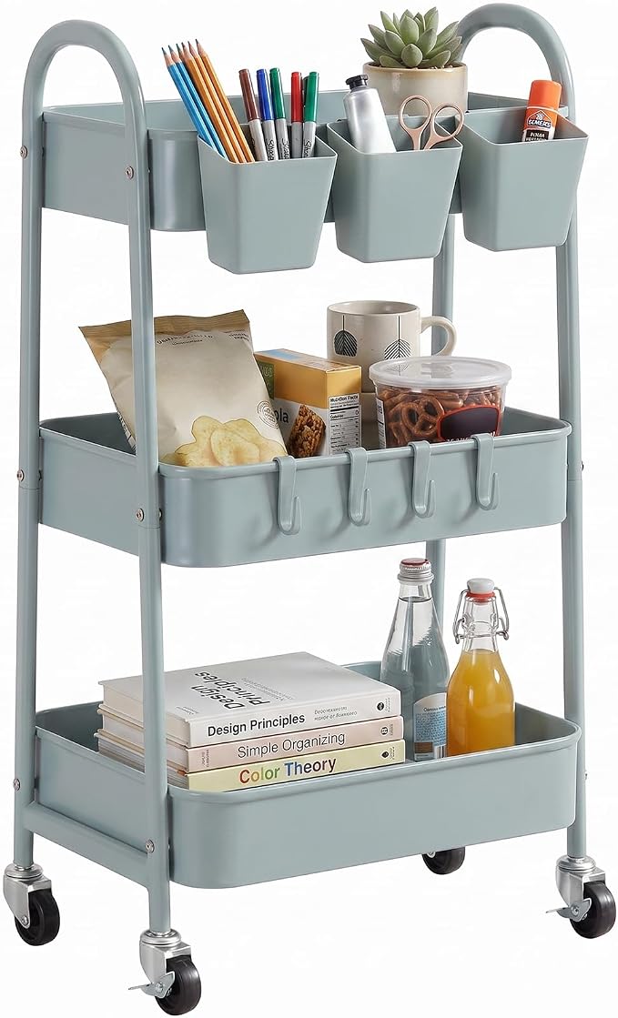 danpinera 3-Tier Rolling Cart, Utility Cart Mobile Metal Rolling Storage Cart with Lockable Wheels & Hanging Cups & Hooks for Kitchen, Bathroom, Office, Workshop, Gray Blue