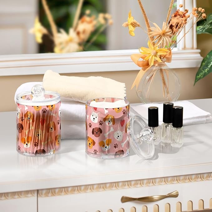 2 Pack Plastic Cotton Swab Ball Pad Holder Pets Dogs Pink Pattern Jars Bathroom Storage Organizer Holder Canisters with Lid for Hair Accessories Cotton Ball Pads Hair Clips