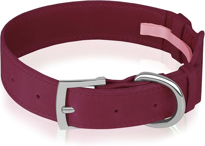 Leather Dog Collar with Airtag Holder - Apple Air Tag Dog Collars - Soft Tracking GPS Pet Collar for Small Medium Large Dogs Breed Puppy (Burgundy, S, 9"-12" Neck Fit)