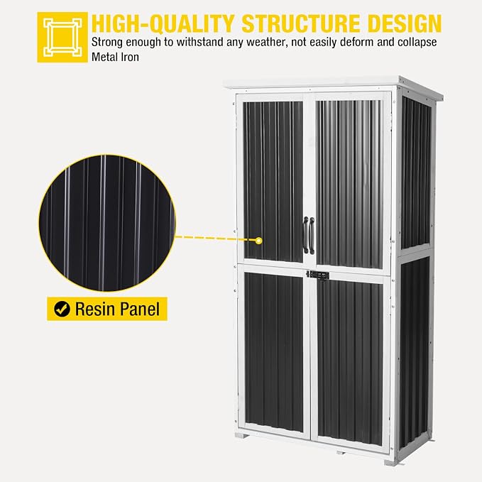 Aivituvin Outdoor Storage Shed with Wood and Metal Frame, Garden Sheds with Waterproof Plastic Roof, Adjustable Shelves and Ventilated Blinds, Garden Tool Cabinets for Outdoor (Black, Plastic)