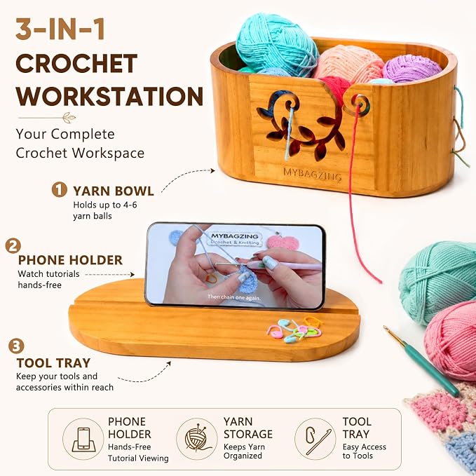 MYBAGZING Wooden Yarn Bowl with Lid, Large Acacia Crochet Yarn Holder with Phone Stand & Tool Tray, Yarn Storage Organizer for Knitting & Crocheting, Floral Design Gift for Crocheters