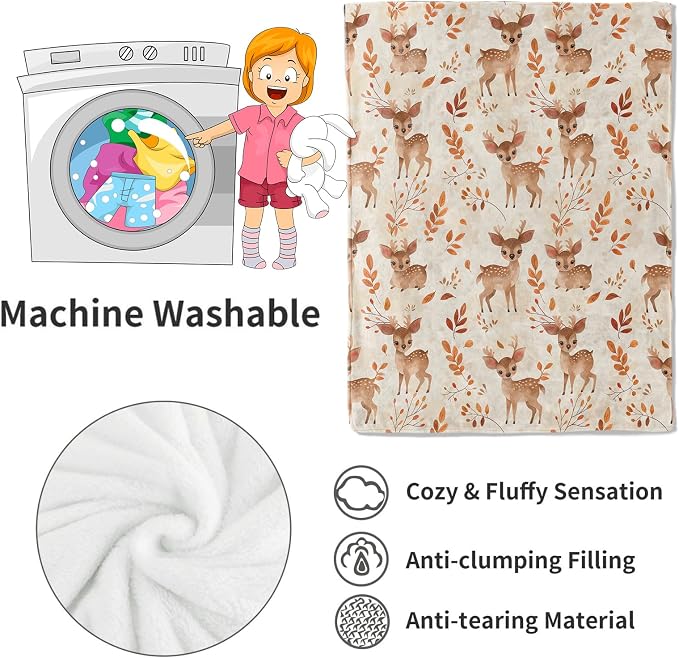 Whimsical Deer Blanket Cute Fawn and Autumn Leaves Throw Blankets Gifts for Kids Girls Lightweight Soft Fleece Cozy for Sofa Couch Bed Room Travel Birthday Decor 50x60in