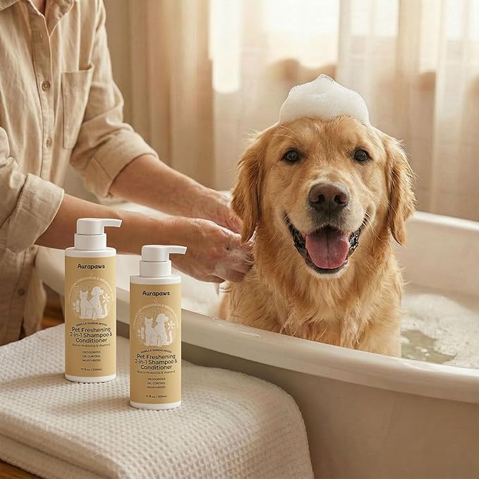 2-in-1 Dog Shampoo and Conditioner, Probiotic Pet Shampoo for Odor & Oil Control, Clean Formula with Panthenol & Ceramide NP for Dogs & Cats, Vanilla Sandalwood Scent, 17oz, 2-Pack