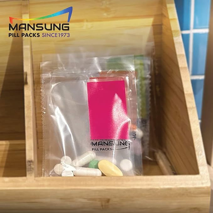 Mansung M 600 Bags/Pink, Heat Seal Pill Bags, Suite, Sorter Organizer for Medication, Food Safe, BPA Free Heat Seal Bag pouche Pack Organizer Dispenser kit Daily Blister Packs Use with Tray, AM PM