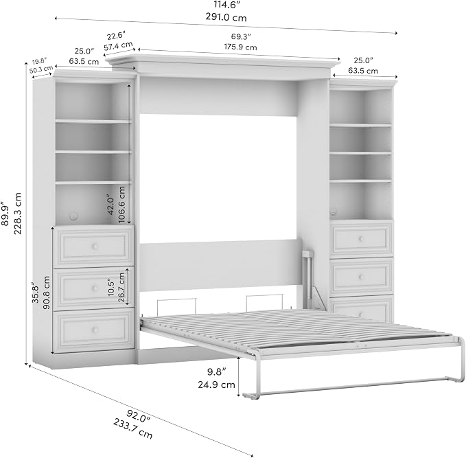 Bestar Queen Murphy Bed with 2 Closet Organizers, White, Versatile, 115W | 2 Closet Organizers with Drawers; supports up to 1000 lb; min. ceiling height 92 in.; dual piston mechanism; 10-year warranty