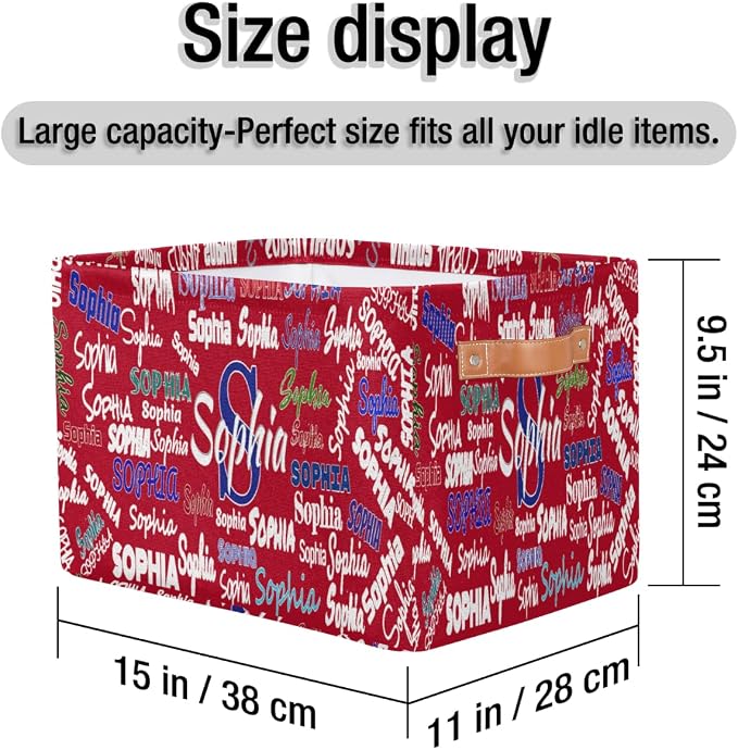 Personalized Storage Basket with Name, Rectangle Toys Storage Bin with Handles for Baby, Boys, Girls, Collapsible Basket for Clothes, Books, Solid Red Color