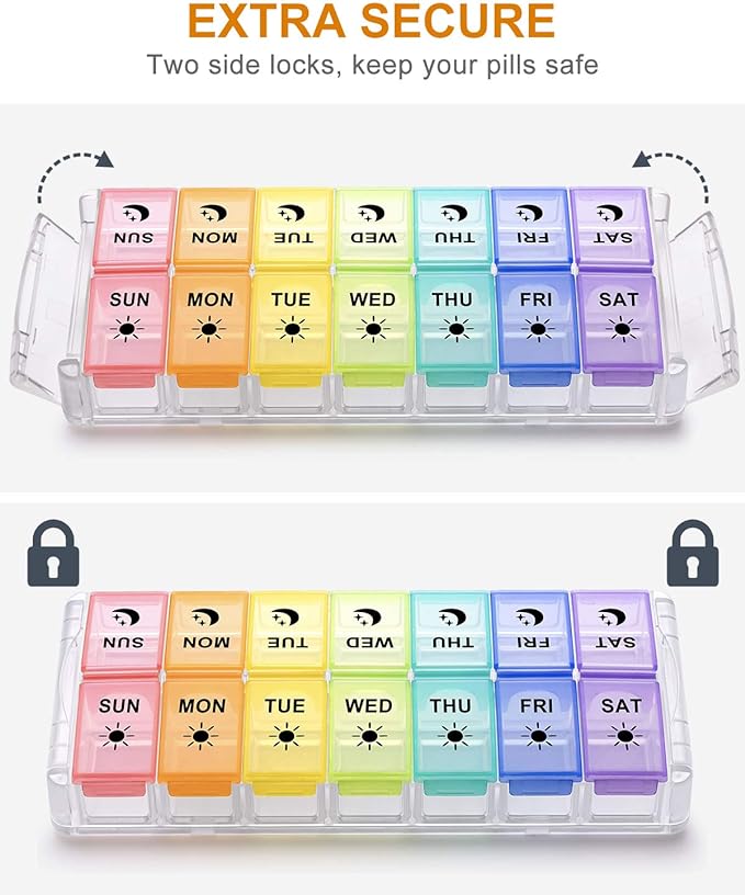 Pill Organizer 2 Times a Day, Fullicon Quick Fill Large Weekly AM PM Pill Box, Medicine Organizer 7 Day, Daily Pill Cases - Rainbow (Patent Registered) (Pack of 2)