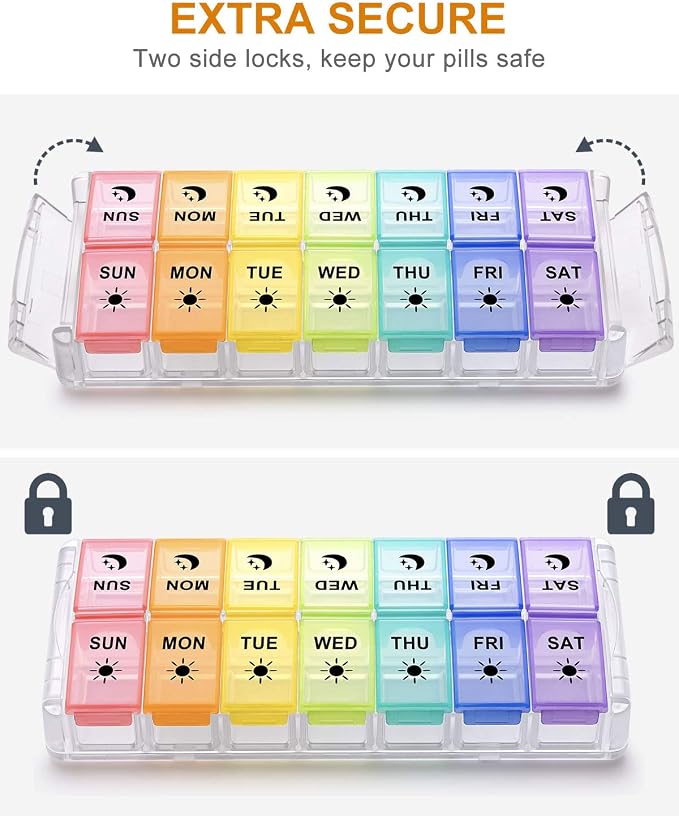 Fullicon Quick Fill, Large Pill Organizer 2 Times a Day, Rainbow Clear | Each Compartment Holds 13 Fish Oils or 12 Vitamins, BPA Free Food Grade Plastic, Prevents Pills Mixing, Two Side Buckle Locks