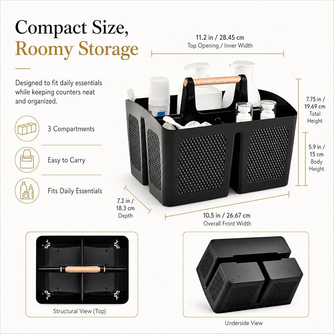 Haundry Plastic Shower Caddy with Wooden Handle, Portable 3-Compartment Bathroom Organizer Basket with Drainage Holes, Quick Dry Shower Basket for Dorm, College, Cleaning Supplies
