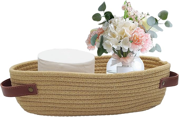 1 Pack Small Woven Storage Basket for Toilet Tank Top, Bathroom Countertop Organizer Basket Cotton Rope Toilet Paper Storage Toilet Paper Decorative Basket 13"x6"x4" (Brown)